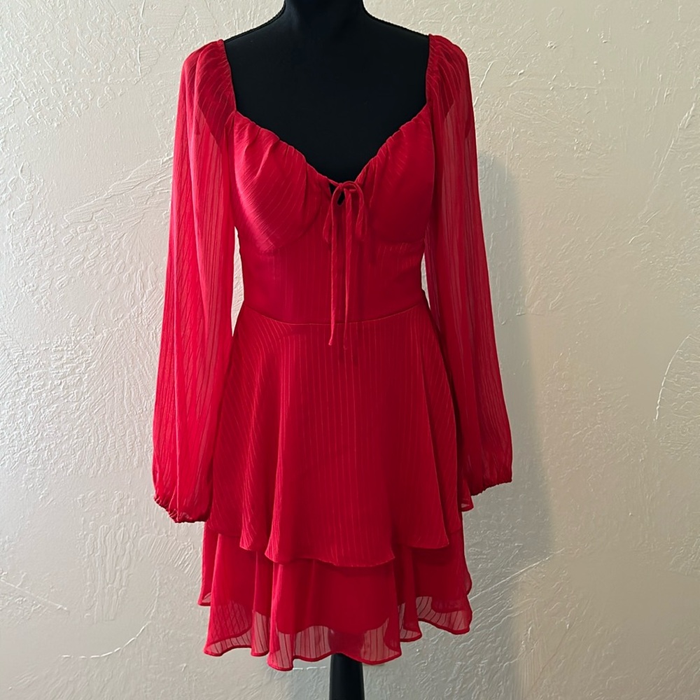 Red Long-Sleeve Tiered Mini Dress